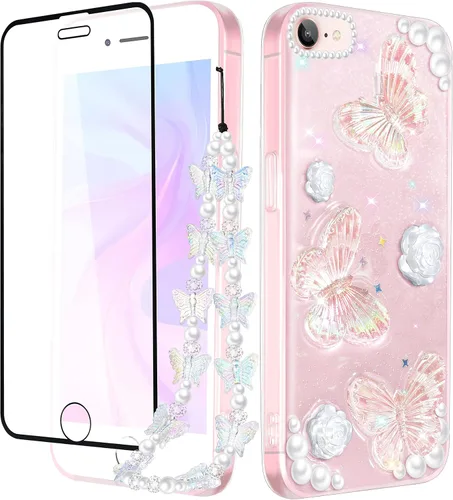 Funda 3 en 1 para iPhone SE/7/8: diseño de mariposa 3D, purpurina, brillante, cristal, estilo lindo femenino, cadena y protector de pantalla