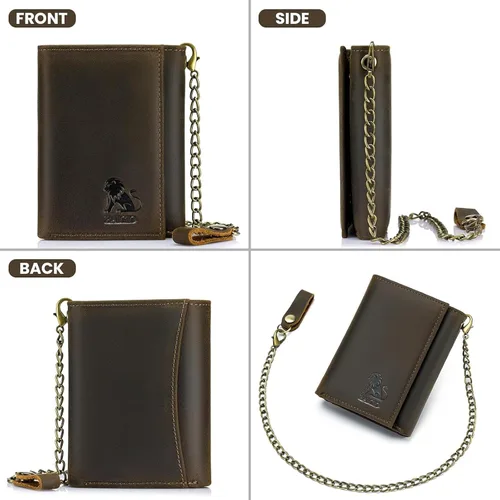 Miniatura 2 de BAIGIO Billetera de cuero genuino con cadena para hombre, con bloqueo RFID, triple pliegue, regalo para el padre