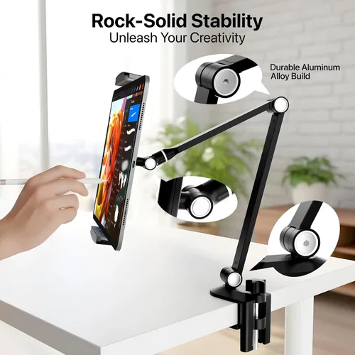 Miniatura 2 de Soporte para tableta, soporte de escritorio ajustable para iPad con base giratoria de 360° para dispositivos de 6.3 a 16 pulgadas, soporte de brazo