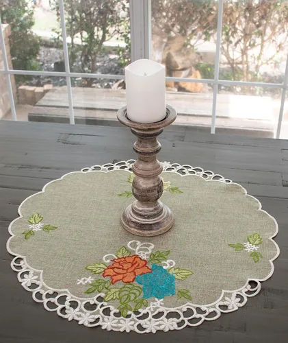 Miniatura 4 de Linens, Art and Things Bordado colorido rosa suroeste sobre mantel redondo verde, mantel (23 pulgadas redondo)