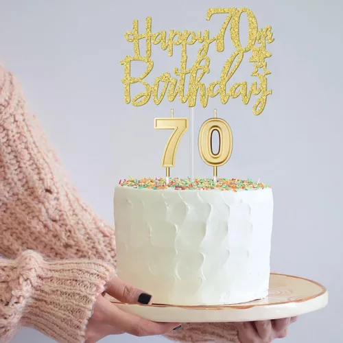 Miniatura 4 de Decoraciones doradas de 70 cumpleaños para mujer con banda y tiara de cumpleaños 70, adorno para pastel y velas, globos de números, regalos de 70