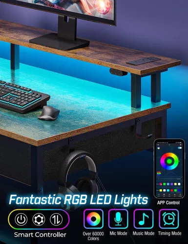 Miniatura 4 de Rolanstar Escritorio para computadora con tomas de corriente y luz LED, escritorio de oficina en casa de 47 pulgadas con 3 cajones y estantes