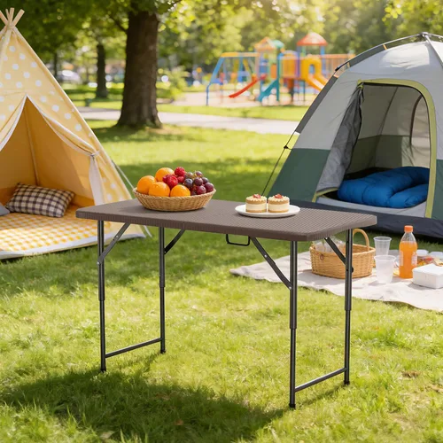Miniatura 2 de BestOffice Mesa de picnic plegable de 4 pies, mesa de plástico para campamento, cerradura de mesa plegable para eventos de fiesta, color marrón