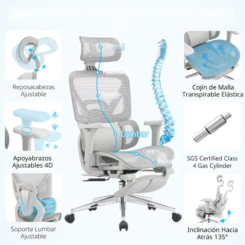 Miniatura 3 de Silla de oficina ergonómica con reposapiés, silla de computadora de malla de respaldo alto con soporte lumbar, altura del respaldo de 5 niveles