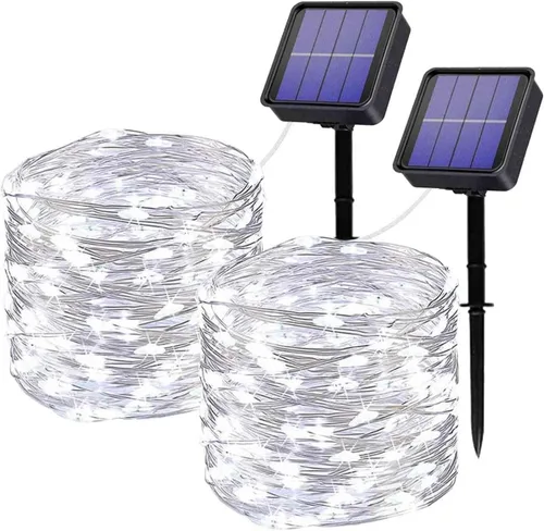 Miniatura 8 de Paquete de 2 luces de hadas que funcionan con energía solar, 39 pies, 100 luces LED de alambre plateado, impermeables, mini luciérnagas
