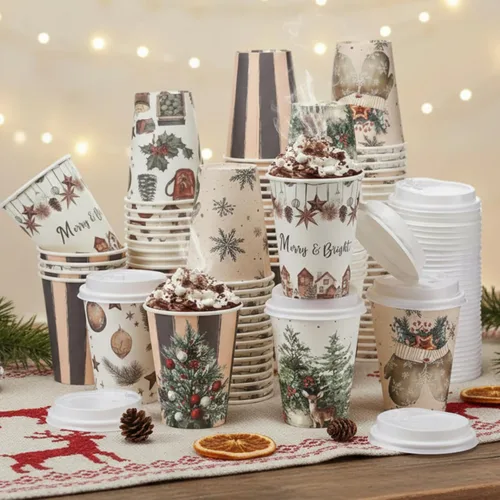 Miniatura 10 de Gerrii Juego de 100 vasos de papel de Navidad desechables de 12 onzas con tapas, tazas de chocolate caliente, tazas de café, tazas calientes