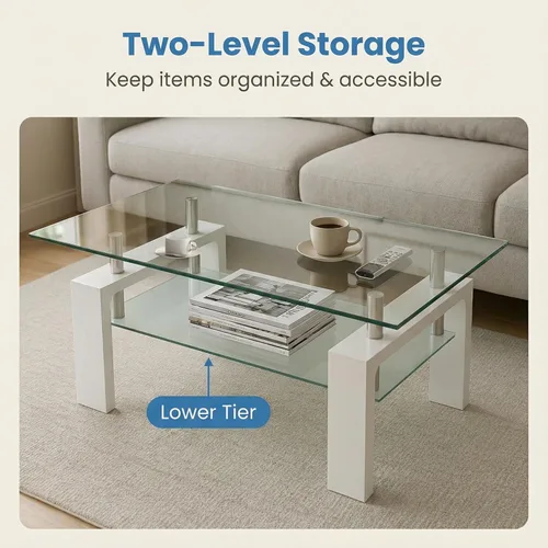 Miniatura 8 de Mesa de café de cristal para sala de estar, mesa de café moderna con tapa de vidrio templado transparente y patas de metal blanco, mesa de té