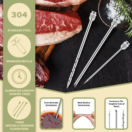 Miniatura 5 de Jeringa Inyectora de Carne de 2 Onzas Barril de Sabor de Adobo Acero Inoxidable 304 con 3 Agujas de Adobo, Estuche de Viaje para Parrilla BBQ