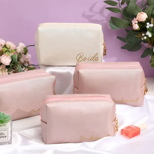 Miniatura 7 de Hillban 6 piezas de cuero sintético para novia, bolsa de maquillaje para cosméticos, dama de honor, impermeable, bolsa de viaje, bolsa de regalo