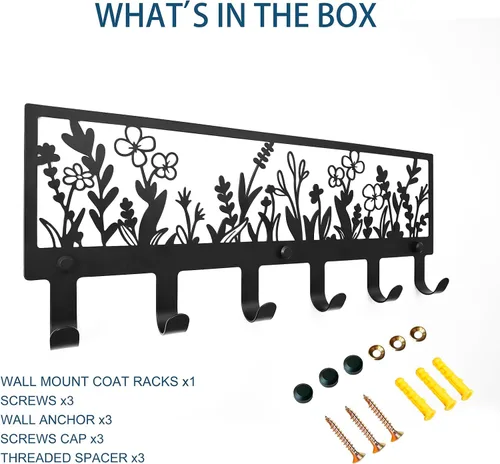 Miniatura 5 de Perchero floral montado en la pared con 6 ganchos colgador decorativo de metal negro para abrigos, sombreros, bolsos, llaves, toallas - Ideal