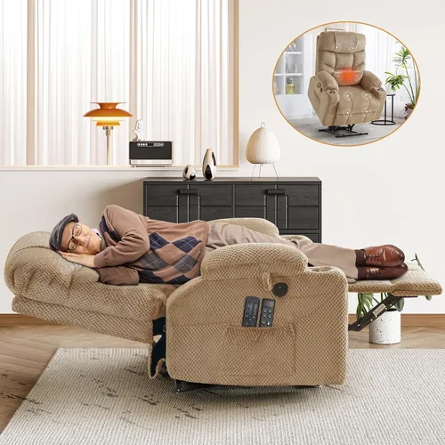 CDCASA Silla Reclinable de Elevación Eléctrica de Gran Tamaño con Doble Motor que se Recuesta Completamente con Masaje, Calefacción, Textil de