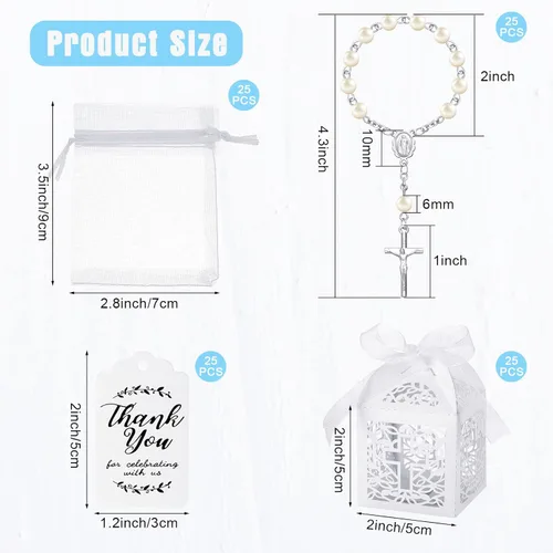 Miniatura 7 de MTLEE El juego de 100 piezas de recuerdos de bautismo incluye mini rosario, cajas de recuerdos de bautismo, bolsas de organza blanca con cordón