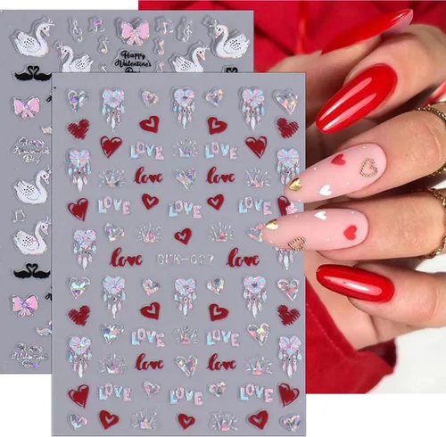 Miniatura 4 de 8 hojas de calcomanías de arte de uñas para el día de San Valentín, autoadhesivas, 3D, color plateado, rosa, rojo, labios, letras de corazón, diseño