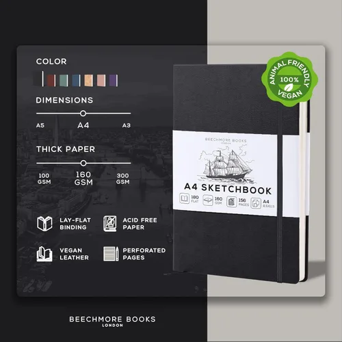 Miniatura 2 de Beechmore Books Cuaderno de bocetos A4 – 8.5 x 11 pulgadas, encuadernado en cuero vegano de alta calidad, tapa dura con 156 páginas gruesas de 160