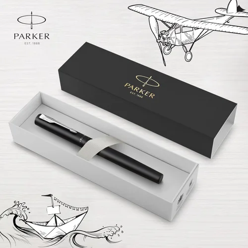 Miniatura 6 de PARKER Pluma estilográfica Vector XL Laca negra metálica sobre latón Punta mediana con recarga de tinta azul Caja de regalo