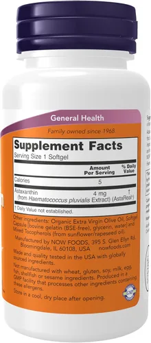 Miniatura 2 de NOW Suplementos, Astaxantina 4 mg derivada de microalgas Haematococcus Pluvialis sin OMG y tiene luteína, cantaxantina y betacaroteno de origen