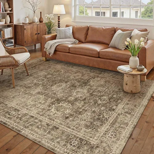 Miniatura 14 de Alfombra de área marrón lavable de 2 x 3 pies, alfombra vintage para entrada y cocina, antideslizante, suave, de pelo bajo desgastado, alfombra