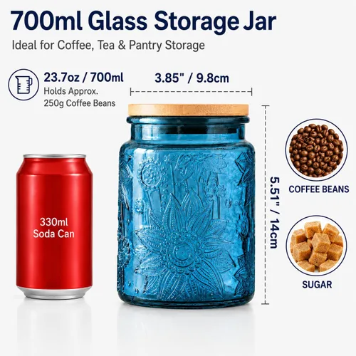 Miniatura 3 de ANSQU Tarro de vidrio azul, recipiente de vidrio vintage de 23.7 FL OZ con tapa hermética, tarro para caramelos/recipiente para azúcar para despensa
