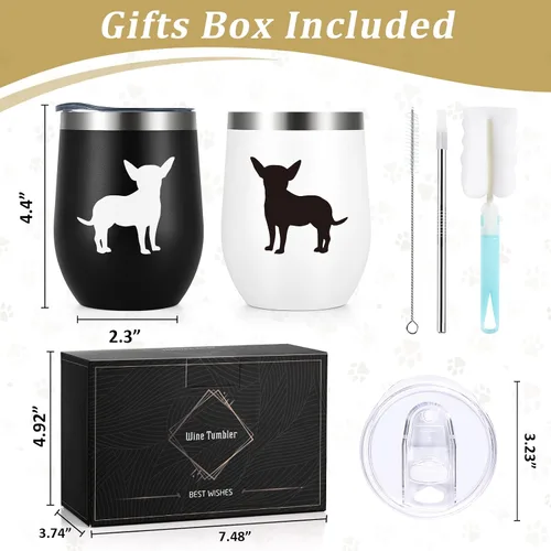 Miniatura 7 de Lifecapido Regalos de Chihuahua, Juego de 2 Vasos de Vino de Acero Inoxidable de 12oz con Silueta de Chihuahua, Regalos de Cumpleaños y Navidad