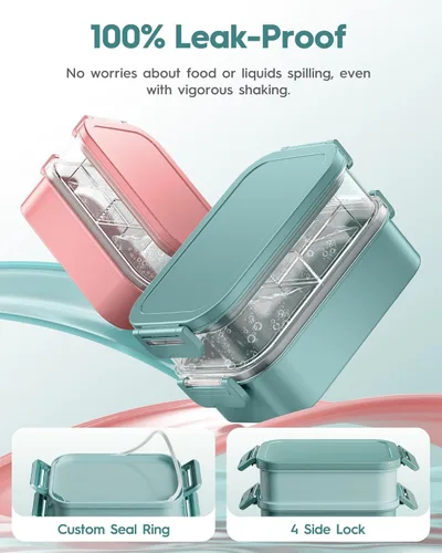 Miniatura 5 de Caja Bento para Adultos con Bolsa de Almuerzo Aislada, Capacidad de 74 oz, 3 Cajas Bento Apilables a Prueba de Fugas con Utensilio y Salsa Verde