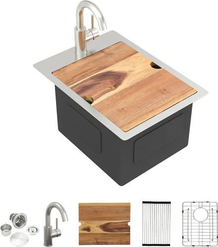 Miniatura 17 de 13"x15" Fregadero de barra de montaje en encimera para preparación – Negro metalizado NANO-PVD, acero inoxidable 304 calibre 16, tazón individual