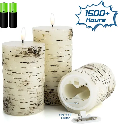 Miniatura 2 de Eywamage Velas de pilar sin llama de corteza de abedul con control remoto, velas LED rústicas parpadeantes con batería, juego de 3 Top plano