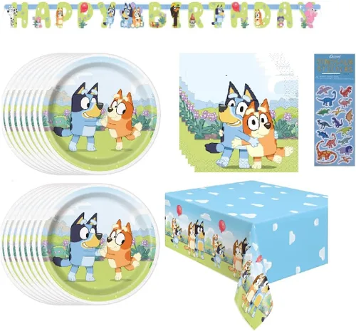 El paquete de suministros para fiesta de cumpleaños Bluey incluye 16 platos de postre para tartas, 16 servilletas, 1 mantel de mesa, 1 pancarta de