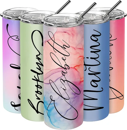 Regalos individuales personalizados para mujer, vaso delgado personalizado de 20 onzas con pajita, regalo para ella | 12 fuentes, 30 colores | Vaso
