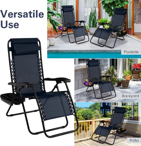 Miniatura 8 de Goplus Sillas de salón Zero Gravity, reclinables plegables ajustables en 160° con almohada y soporte para tazas, cómodas sillas de descanso de 350