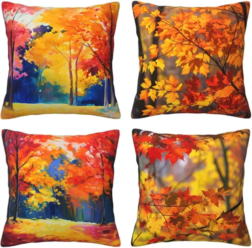Miniatura 12 de Ouqiuwa Juego de 4 fundas de almohada coloridas con diseño de pájaros de 12 x 12 pulgadas, cuadradas, decorativas, con hojas de arce otoñales