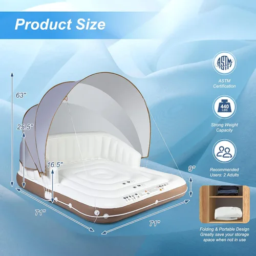 Miniatura 7 de Goplus Isla de toldo inflable, flotador de piscina de bronceado de 73 pulgadas con toldo retráctil y extraíble, SPF50+, 3 almohadas cómodas, carga