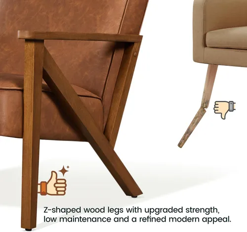 Miniatura 7 de Yaheetech Silla Decorativa, Sillón con Estructura de Madera Resistente, Silla de Estar Moderna y Retro de Piel Sintética para Sala de Marrón claro