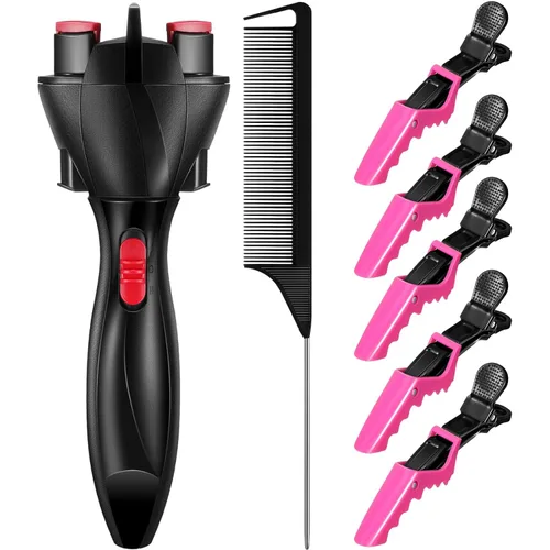 Miniatura 4 de 7 piezas de juego de trenzador automático - Fabricante de trenzas electrónico, rizador de pelo con peine y clips para peinar (negro)