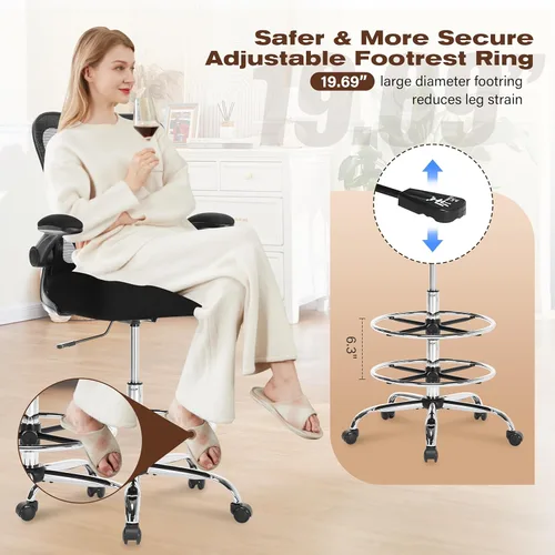 Miniatura 6 de Silla de dibujo de 400 libras, silla de oficina alta con soporte lumbar ajustable y anillo reposapiés, cómodo cojín grueso en forma de W extra