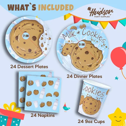 Miniatura 2 de Suministros de fiesta de leche y galletas - Sirve 24. Cenas, platos de postre, tazas, servilletas. Decoraciones de cumpleaños de galletas