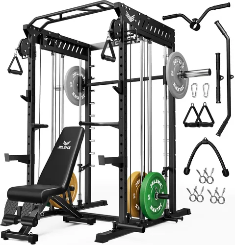 Miniatura 22 de JELENS M21 - Máquina Smith, jaula de potencia multifunción con sistema de cruce de cable de polea doble, banco de sentadillas todo en uno de 907 kg