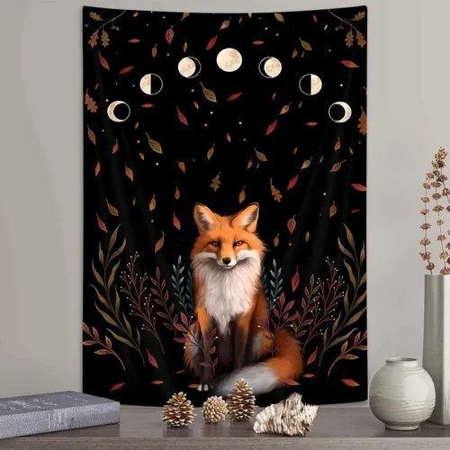 Tapiz vertical estético de fase lunar de zorro, tapiz de tarot floral de bruja, para colgar en la pared para dormitorio, tapiz de hojas de arce de