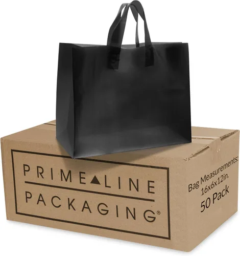Miniatura 11 de Prime Line Packaging Bolsas de compras de plástico con asas para pequeñas empresas, bolsas negras esmeriladas, mercancía, venta al por menor
