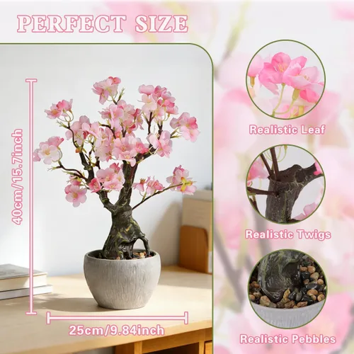 Miniatura 6 de KAIRNE Maceta floral de cerezo rosa artificial, 15.7 pulgadas de alto, plantas falsas de bonsái, plantas de imitación de flores, ramas decorativas