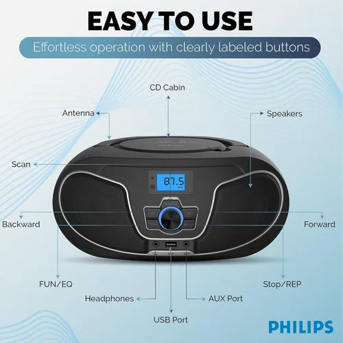 Miniatura 4 de Philips Boombox reproductor de CD, refuerzo dinámico de graves con Bluetooth, radio FM, reproducción USB y entrada AUX, Boombox portátil de carga