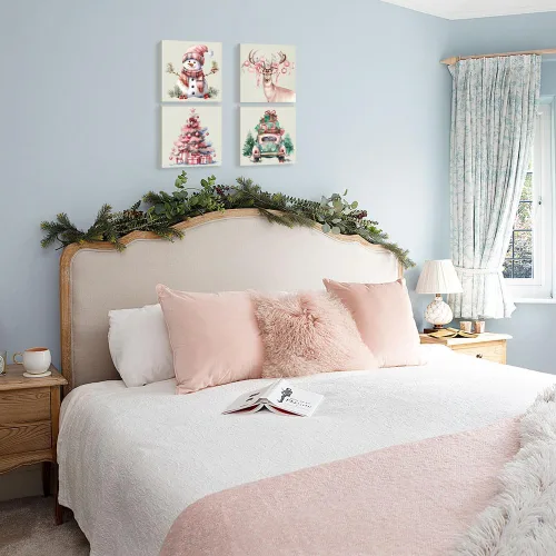 Miniatura 3 de Arte de Lienzo de Pared de Navidad Rosa - Juego de 4 Muñeco de Nieve, Ciervo, Árbol de Navidad y Camión Póster de Arte de Navidad - Pintura Estética