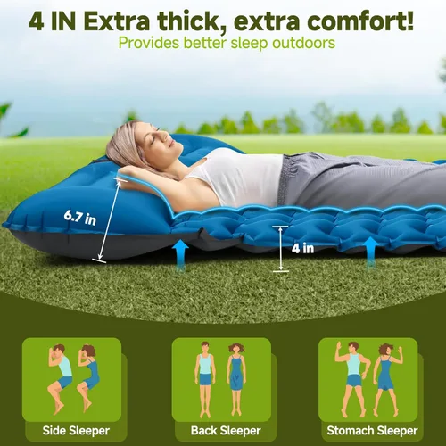 Miniatura 2 de Colchoneta de dormir doble para campamento, extra gruesa de 4 pulgadas, almohadilla inflable para 2 personas con bomba de pie y almohada integradas