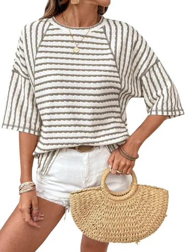Miniatura 17 de Dokotoo Camisetas de verano para mujer, camisetas de gran tamaño para mujer, a rayas, bloques de color, manga corta, cuello redondo, blusas casuales