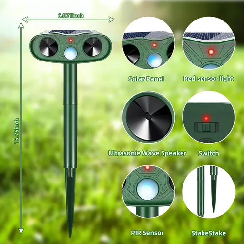Miniatura 6 de Repelente solar ultrasónico de animales, dispositivos repelentes de ciervos para exteriores, paquete de 4 repelentes de gatos al aire libre