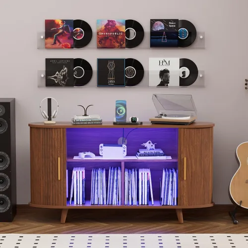 Miniatura 12 de Soporte para tocadiscos, gabinete de almacenamiento de discos de 39 pulgadas con estación de carga y puertos USB, soporte para tocadiscos