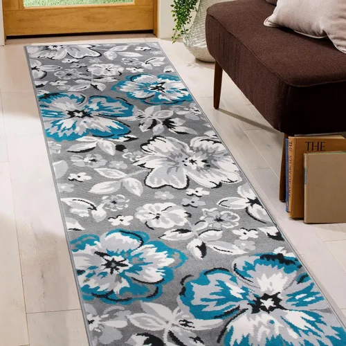 Miniatura 5 de Rugshop Alfombra moderna de diseño floral azul, elegante que no se desprende, 24 x 87 pulgadas para sala de estar, dormitorio, comedor, cocina
