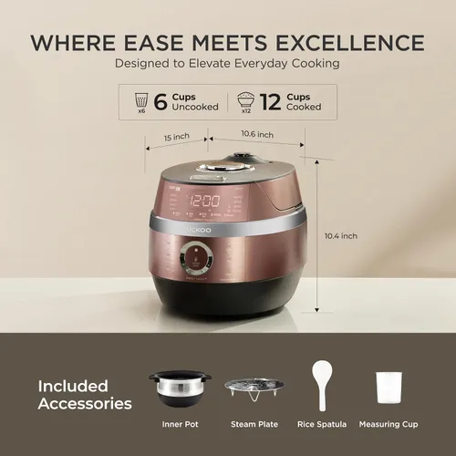 Miniatura 3 de CUCKOO Arrocera de alta presión de 6 tazas (sin cocinar) / 12 tazas (cocidas) con tecnología de calentamiento por inducción, arrocera versátil