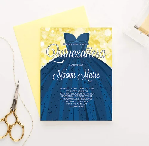 Miniatura 3 de Modern Pink Paper Invitaciones de quinceañera azul real y oro, invitaciones de vestido de quinceañera, su elección de cantidad, información