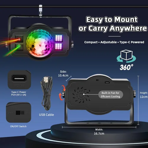 Miniatura 5 de Luces de fiesta de bola de discoteca 3 en 1, luz estroboscópica de DJ activada por sonido con 60 patrones, proyector LED alimentado por USB