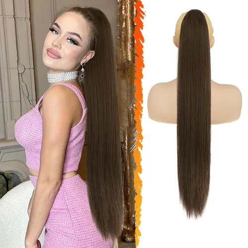 Miniatura 21 de BARSDAR Extensión de cola de caballo corta y recta - Extensiones de pelo con cordón de 16 pulgadas, rubio para mujeres - Extensiones de pelo Rubio